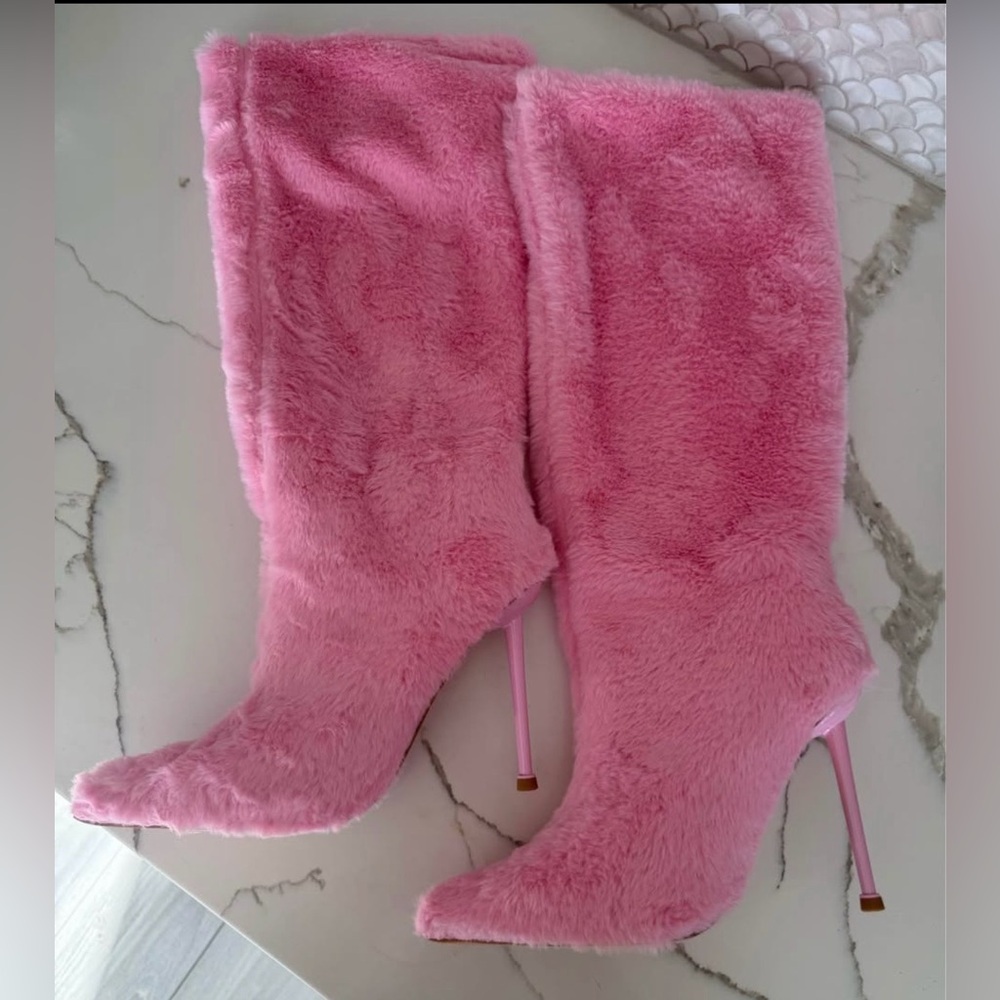 Pink Faux-Fur Stiletto Knee Boots - Women
